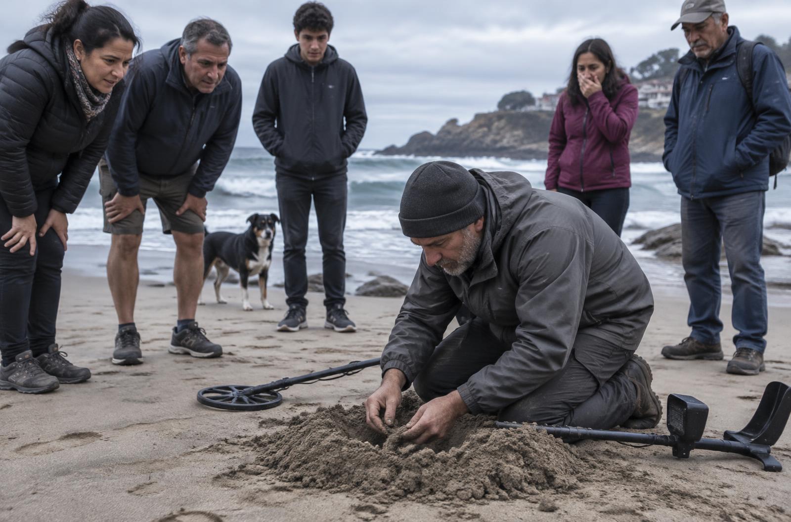 Hombre en una playa de Chile excavando junto a un detector de metales mientras varias personas lo observan sorprendidas